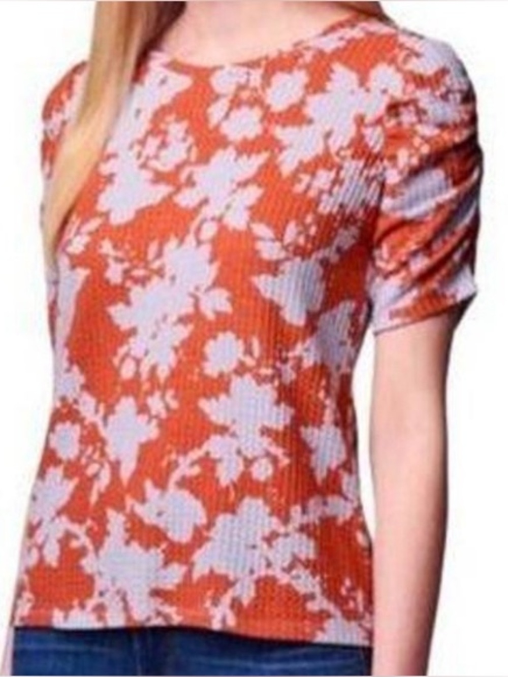 Simply Vera Wang Terra Cotta & Gray Floral Ribbed Blouse Puff Sleeve XS